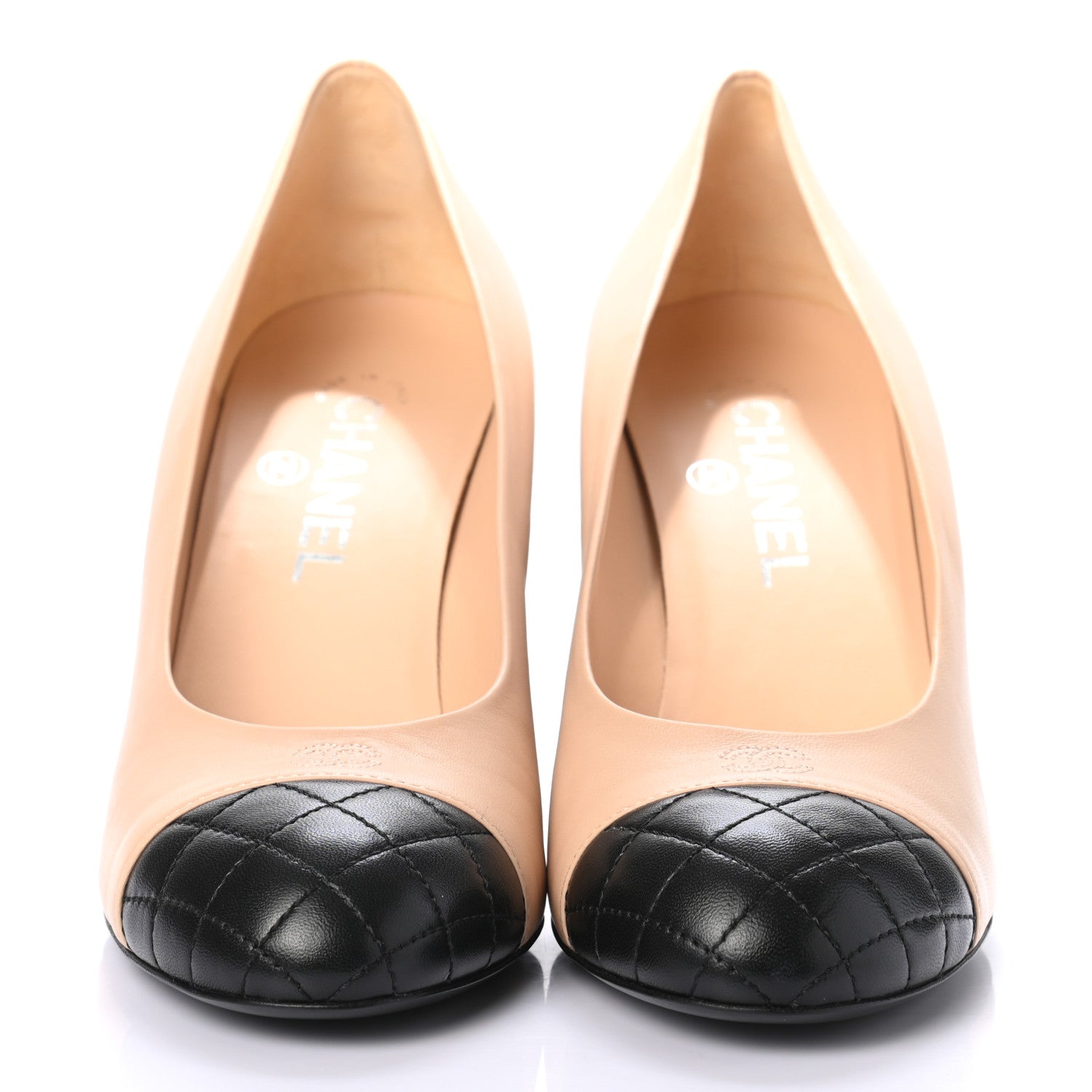 Chanel Lambskin Pearl Cap Toe Pumps 38 Beige Black 3 of 7