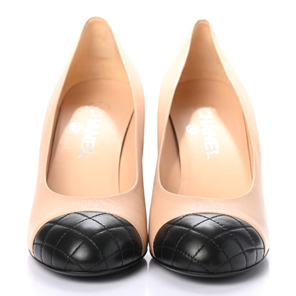 Chanel Lambskin Pearl Cap Toe Pumps 38 Beige Black 3 of 7