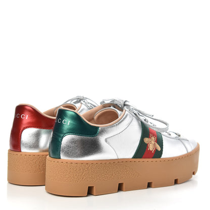Gucci Metallic Nappa Web Bee Embroidered Womens Ace Platform Sneakers 36 Argento Red Flame 4 of 8