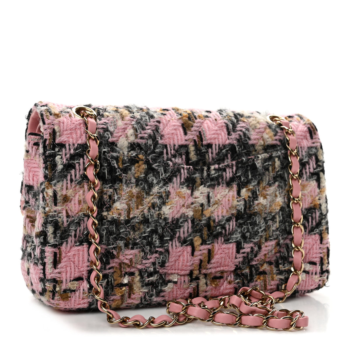 Tweed Houndstooth Quilted Medium Flap Pink Black Beige Ecru