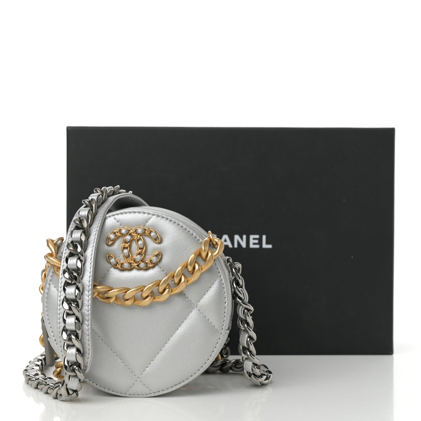 Metallic Lambskin Quilted Chanel 19 Round Clutch With Chain Silver Silver