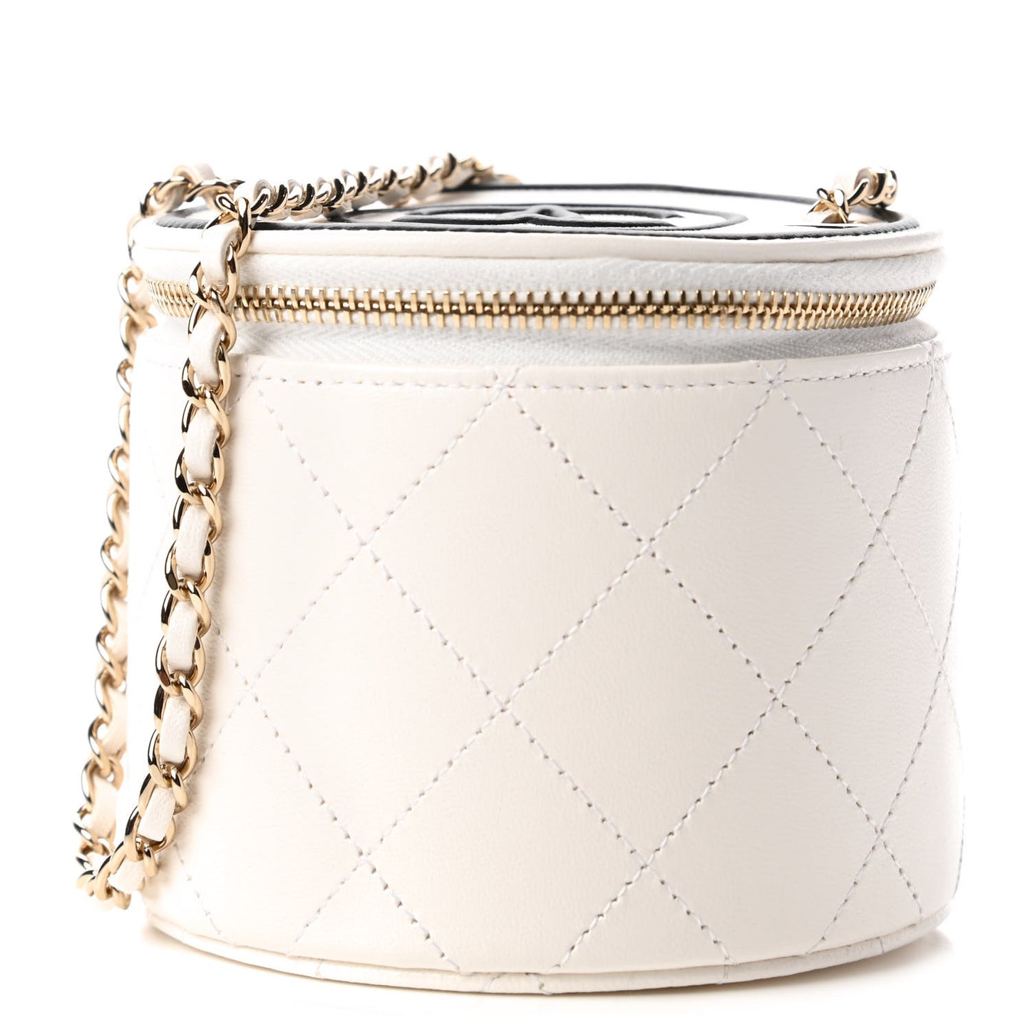 Lambskin Quilted Round Small Vanity Case With Chain White Black