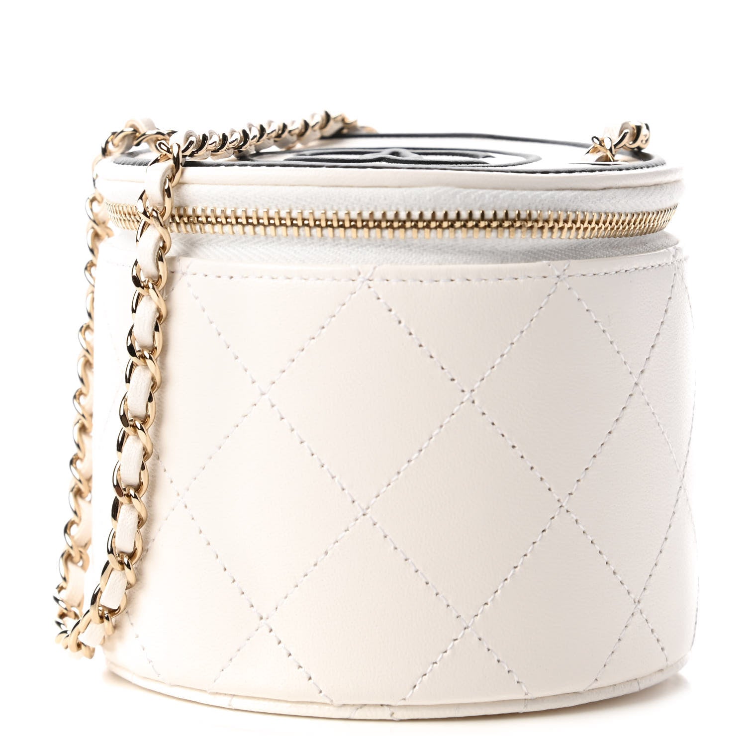 Chanel Lambskin Quilted Round Small Vanity Case With Chain White Black 1 of 11