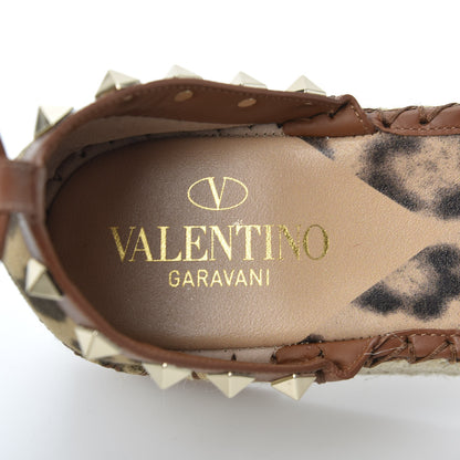 Valentino Garavani Canvas Leopard Print Rockstud Ankle Wrap Espadrille Flatform Sandals 39 Brown 7 of 10