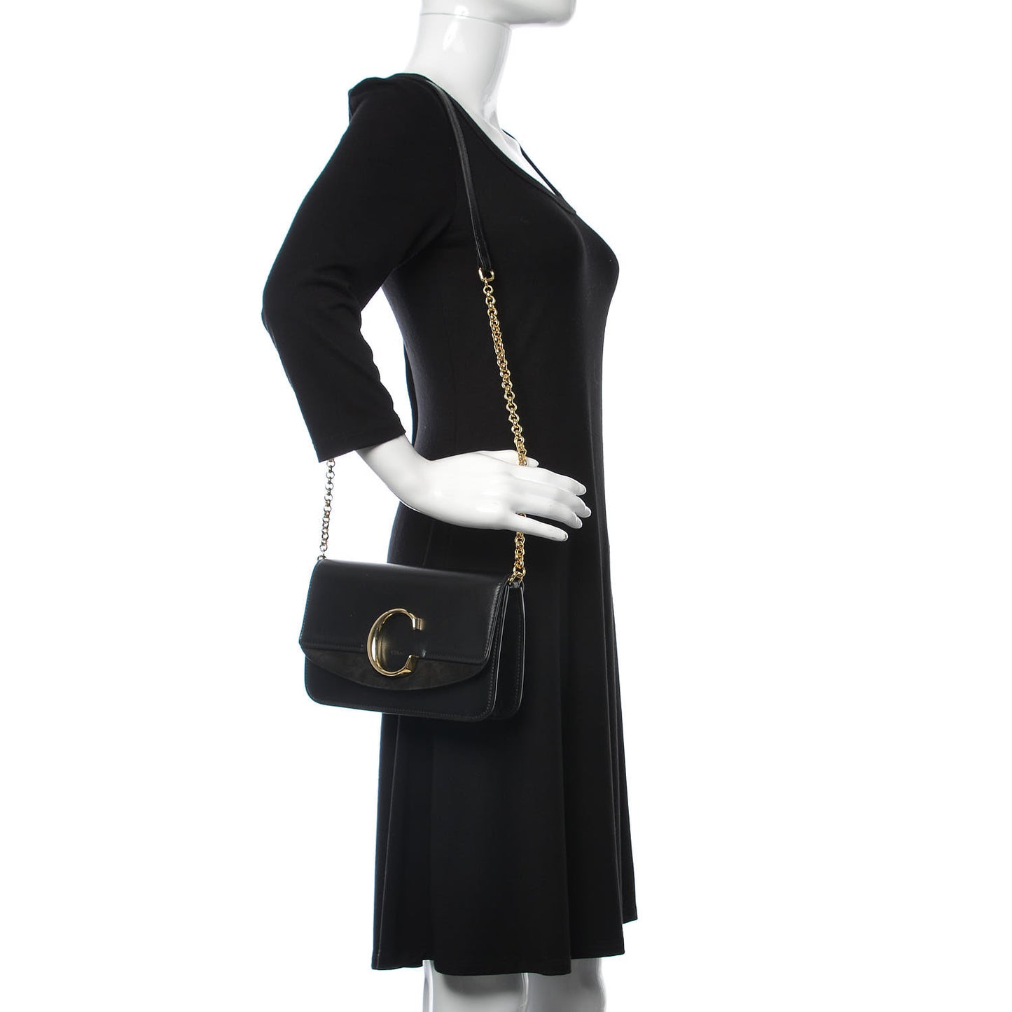 Calfskin Suede C Clutch With Chain Black