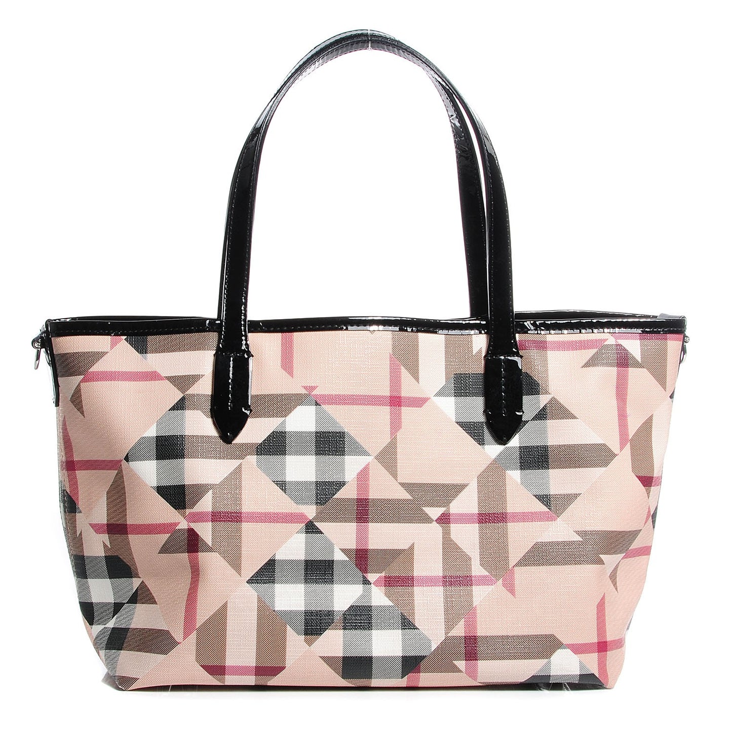 Patent Trim Patchwork Check Tote Black