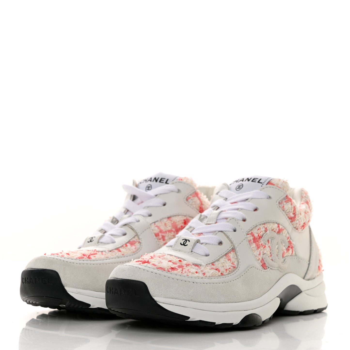 Tweed Suede Calfskin Womens CC Sneakers 36 Pink Ecru