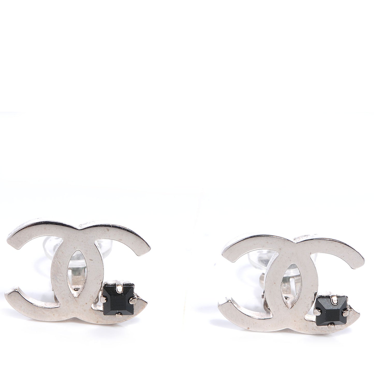 Black Stone CC Logo Clip On Earrings Silver