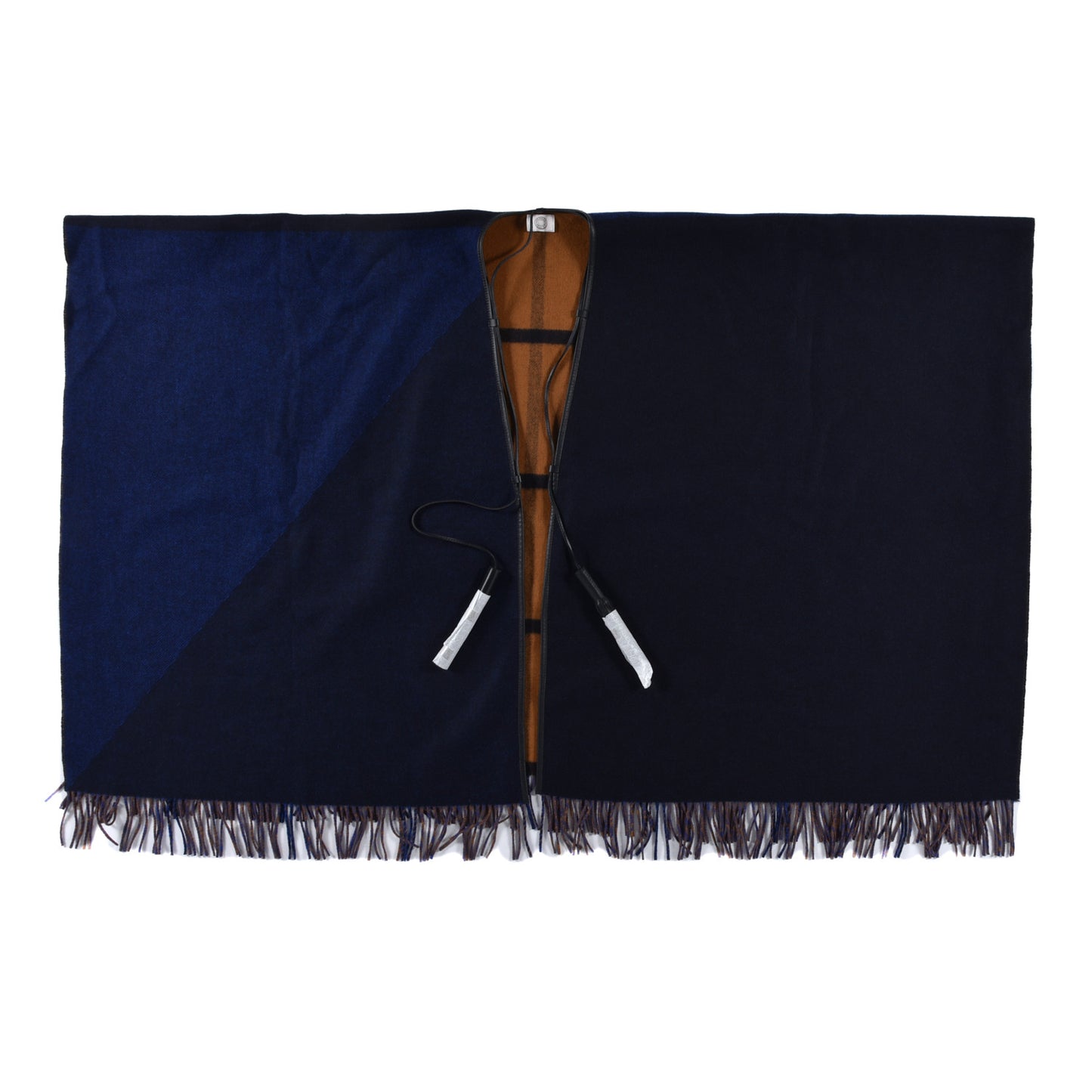 Wool Calfskin Reversible Highlands Poncho Navy Royal Fauve