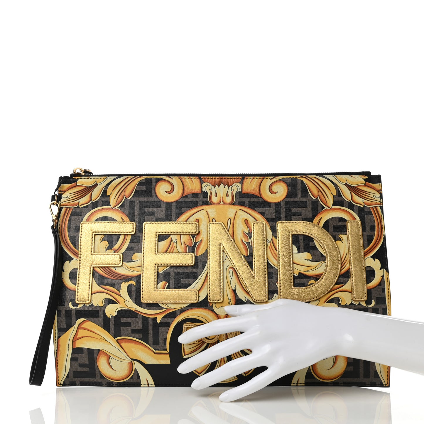 X VERSACE Vitello Grace Catalan Mirror Fendace FF Baroque Logo Large Flat Pouch Tobacco Gold