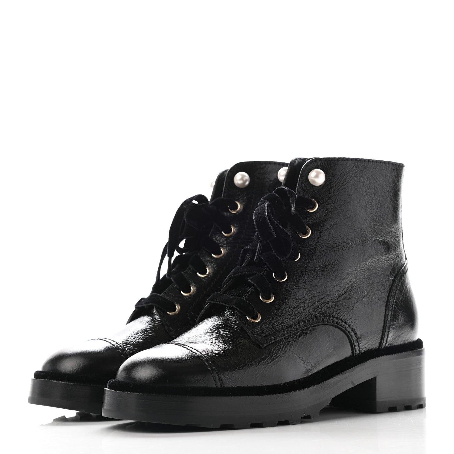 Chanel Shiny Calfskin Velvet Pearl Combat Short Boots 39 Black 3 of 12