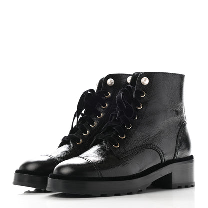 Chanel Shiny Calfskin Velvet Pearl Combat Short Boots 39 Black 3 of 12