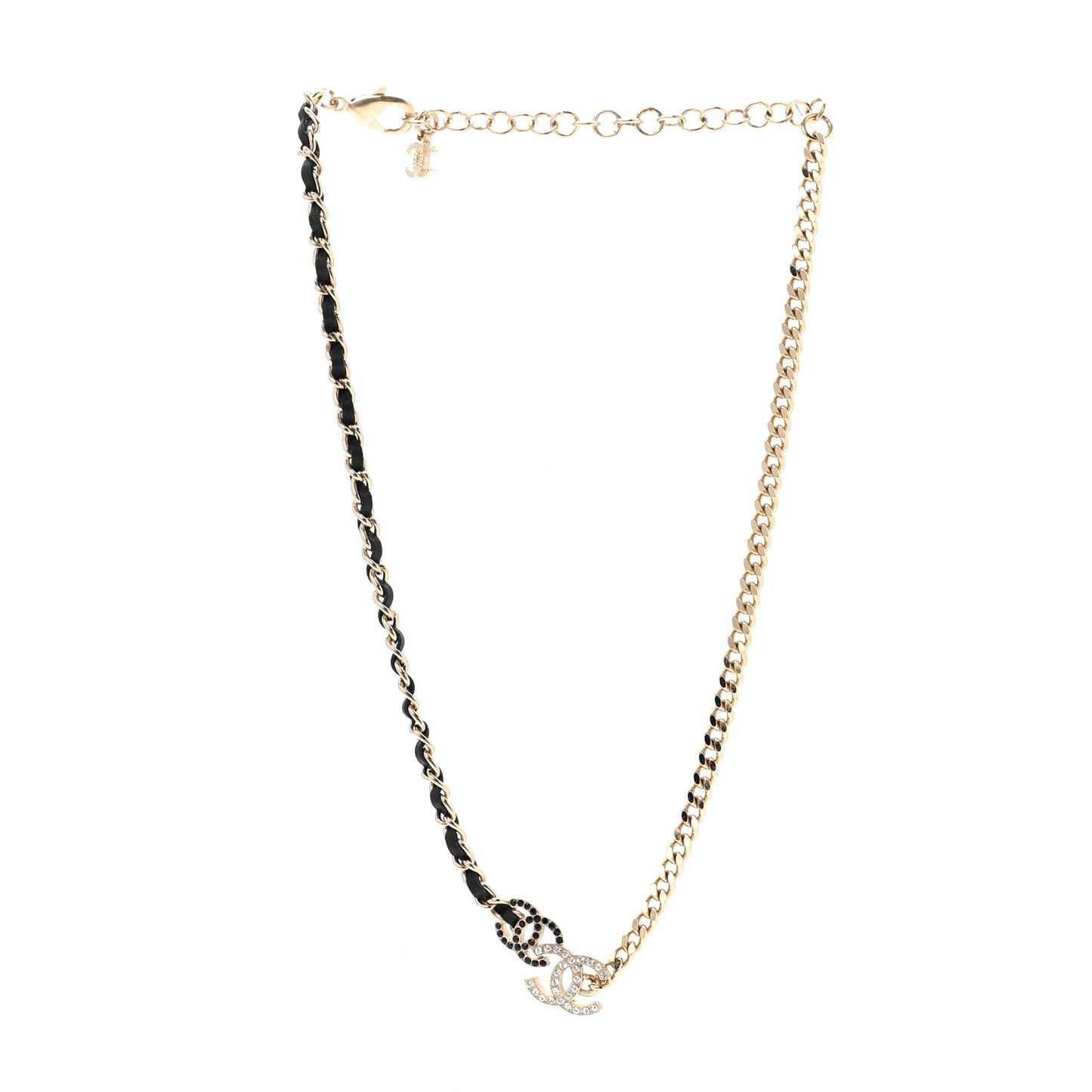 Metal Calfskin Crystal Double CC Short Necklace Black Gold