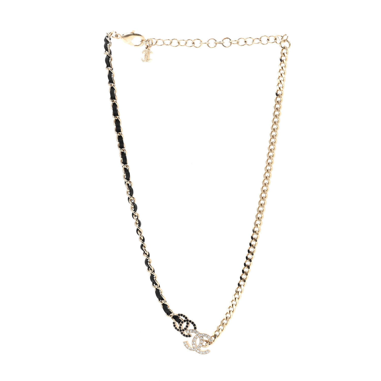 Chanel Metal Calfskin Crystal Double CC Short Necklace Black Gold 3 of 6
