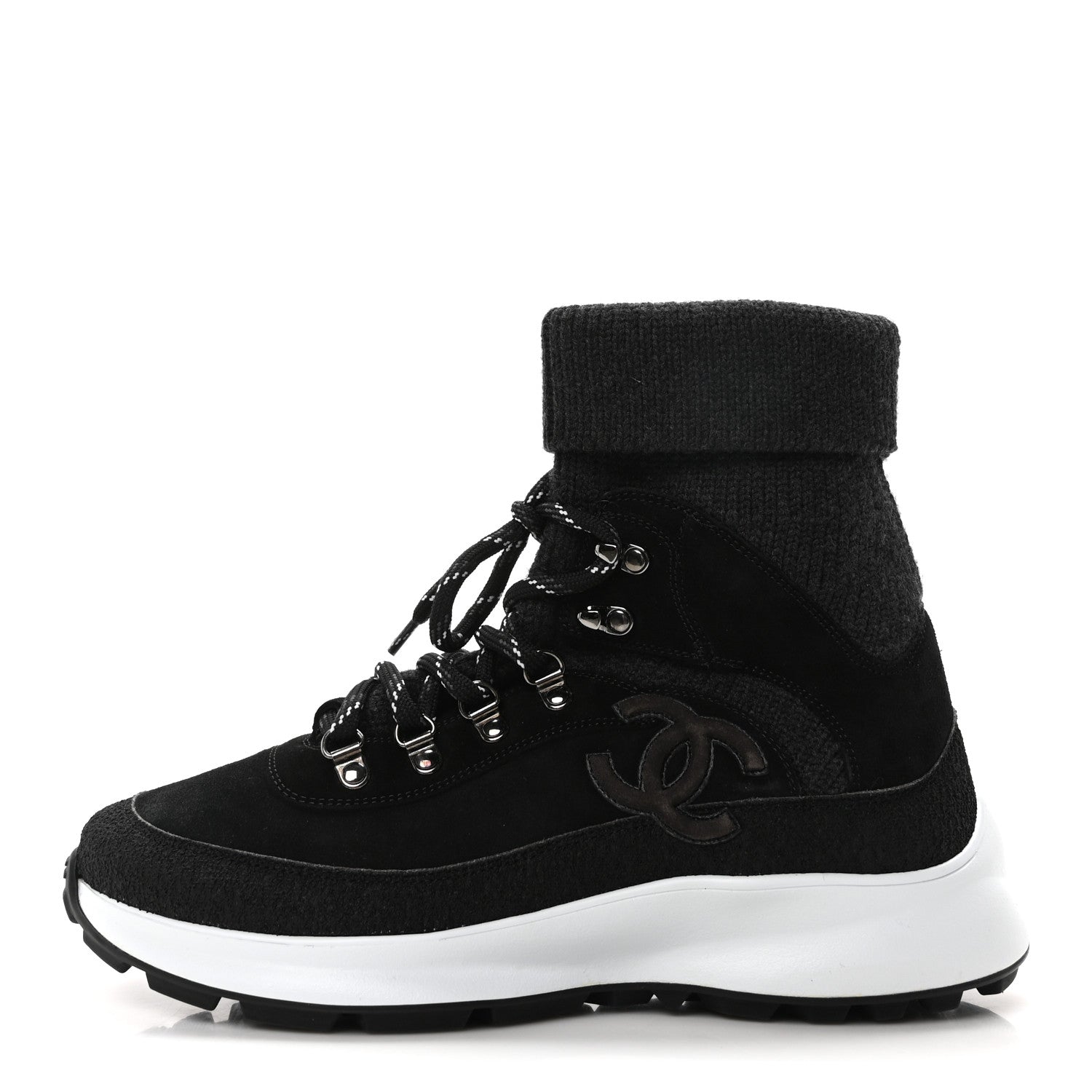 Chanel Suede Calfskin Knit CC Sneakers 40 Black Dark Gray 1 of 9