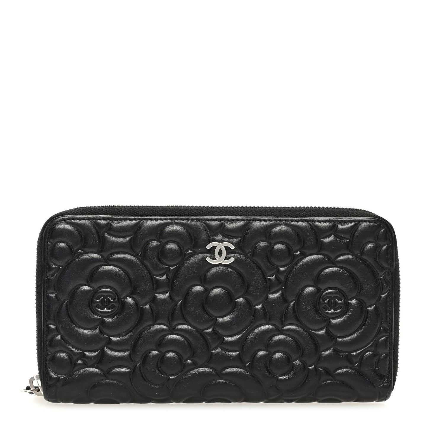 Lambskin Camellia Embossed Large Zip Around Gusset Wallet Black
