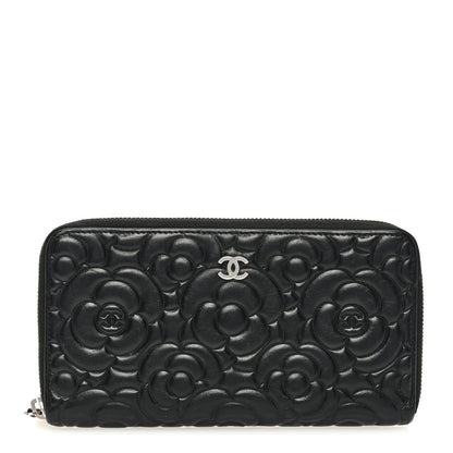 Chanel Lambskin Camellia Embossed Large Zip Around Gusset Wallet Black 1 of 7
