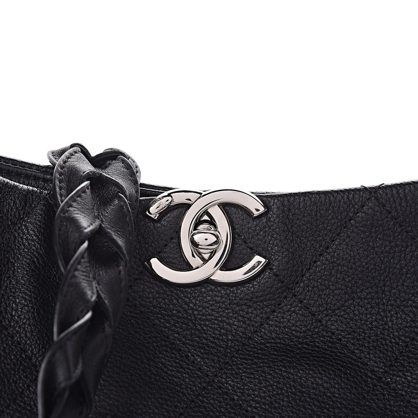 Grained Calfskin Stitched Medium Braided With Style Hobo Black