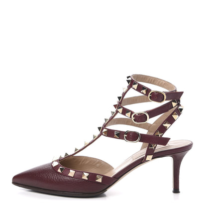 Valentino Garavani Pebbled Calfskin Rockstud Ankle Strap Low Heel Pumps 36 Rubin 1 of 9