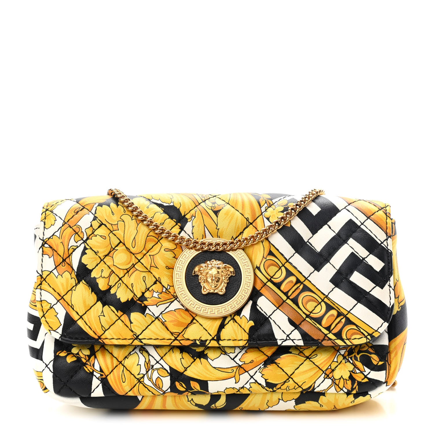 Versace Nappa Baroque Print Quilted Trapuntata Tribute Wallet Chain Crossbody Gold Black 1 of 10