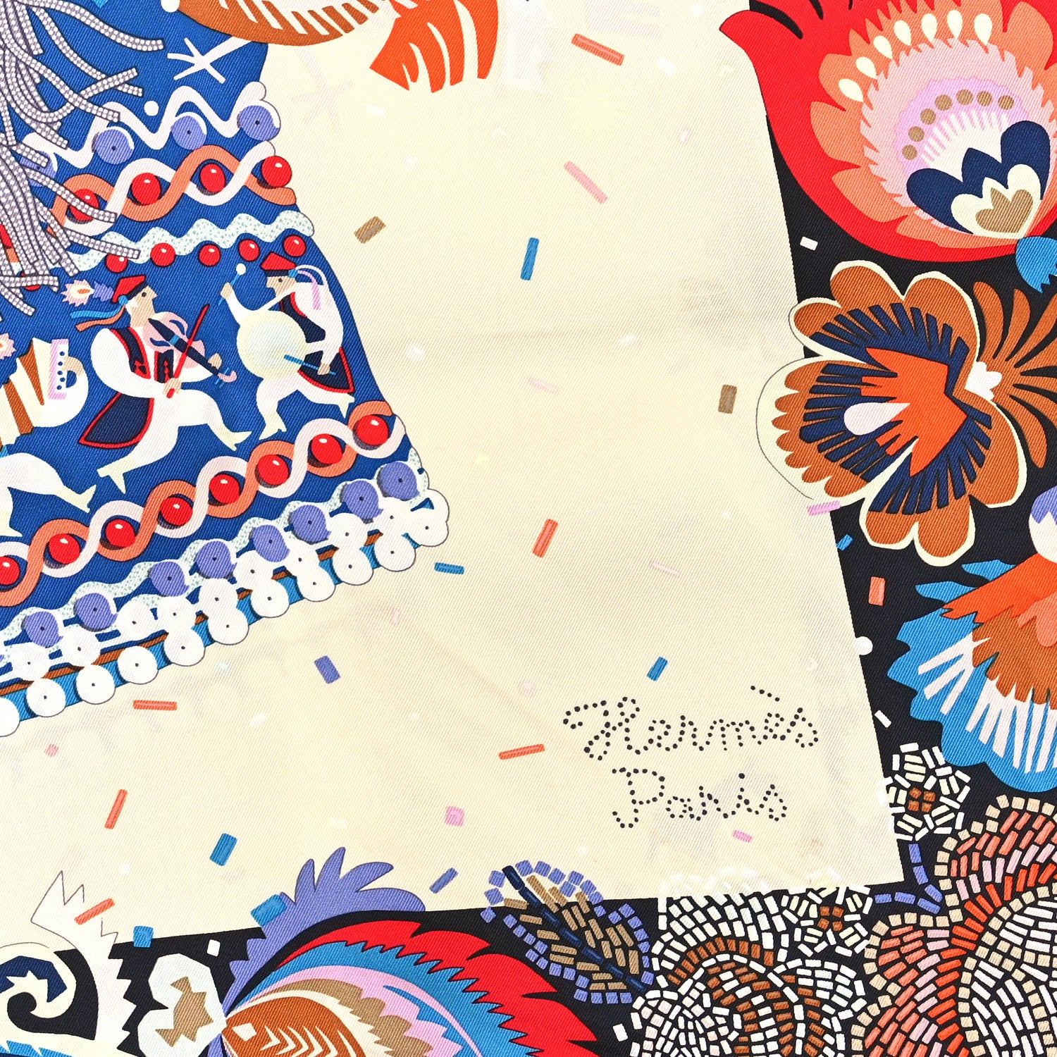 Hermes Silk Costume de Fete Scarf 90 Black Creme Bleu 2 of 3