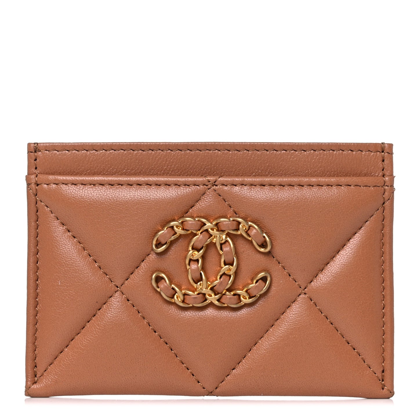 Lambskin Quilted Chanel 19 Card Holder Brown
