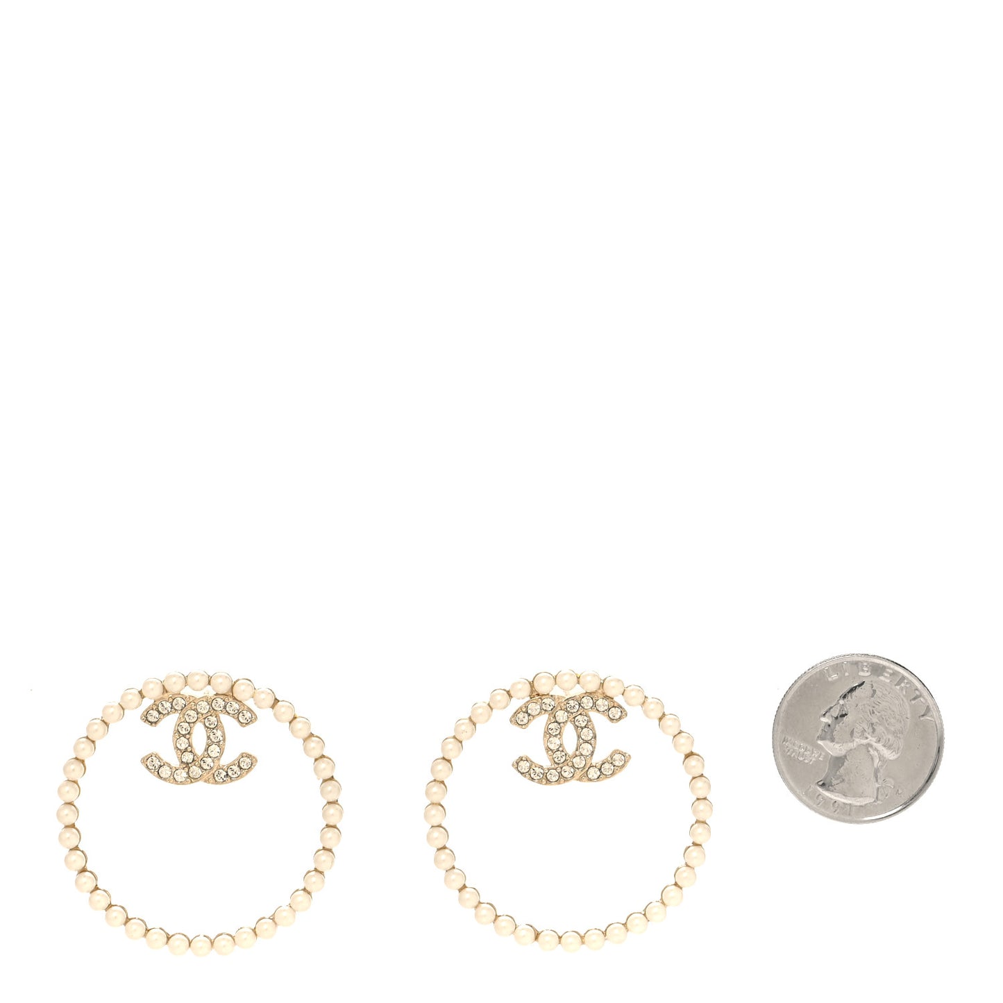 Crystal Pearl CC Door Knocker Hoop Earrings Gold Pearly White