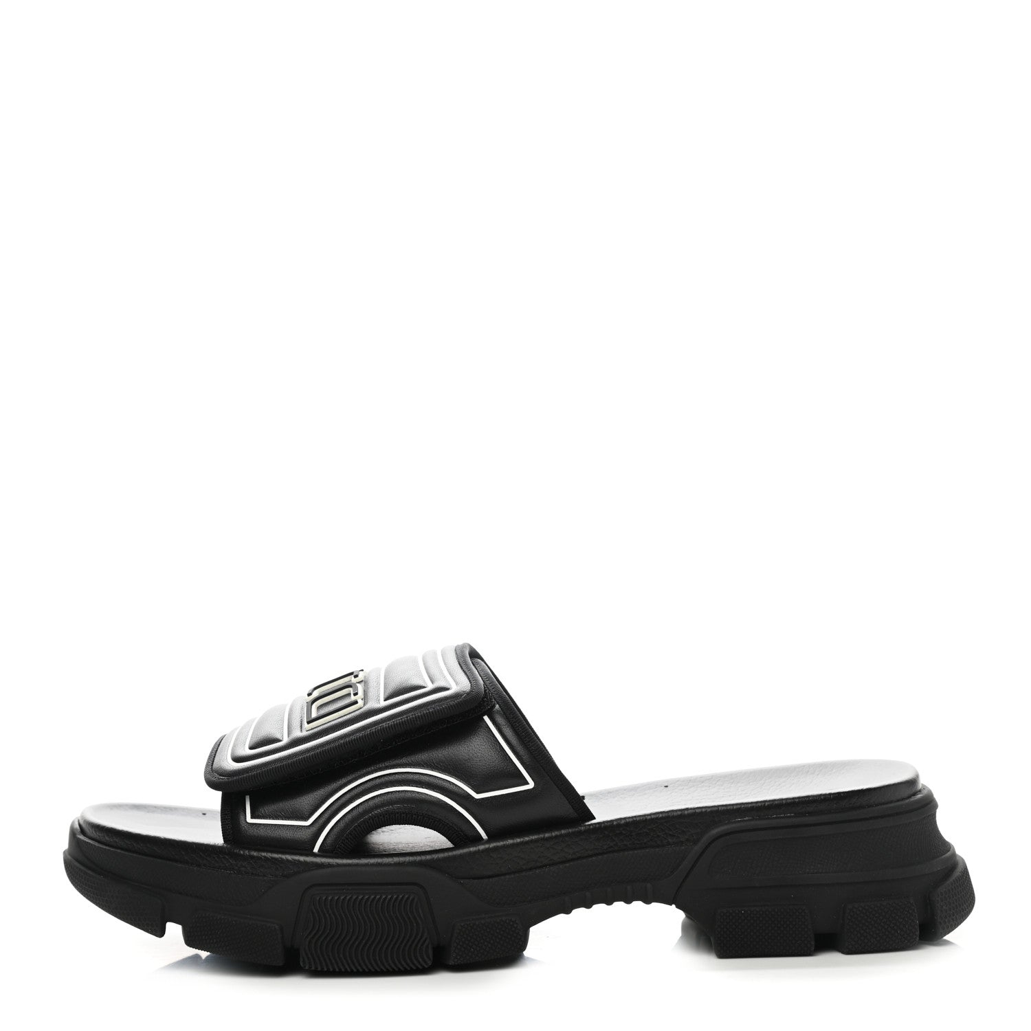 Gucci Nappa Grosgrain Logo Mens Velcro Chunky Slide Sandals 10 Black 1 of 8