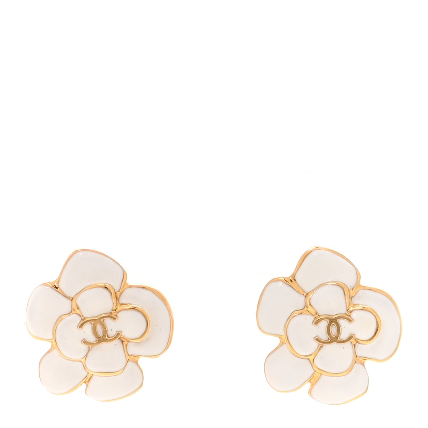Metal Resin CC Camellia Stud Earrings Gold White