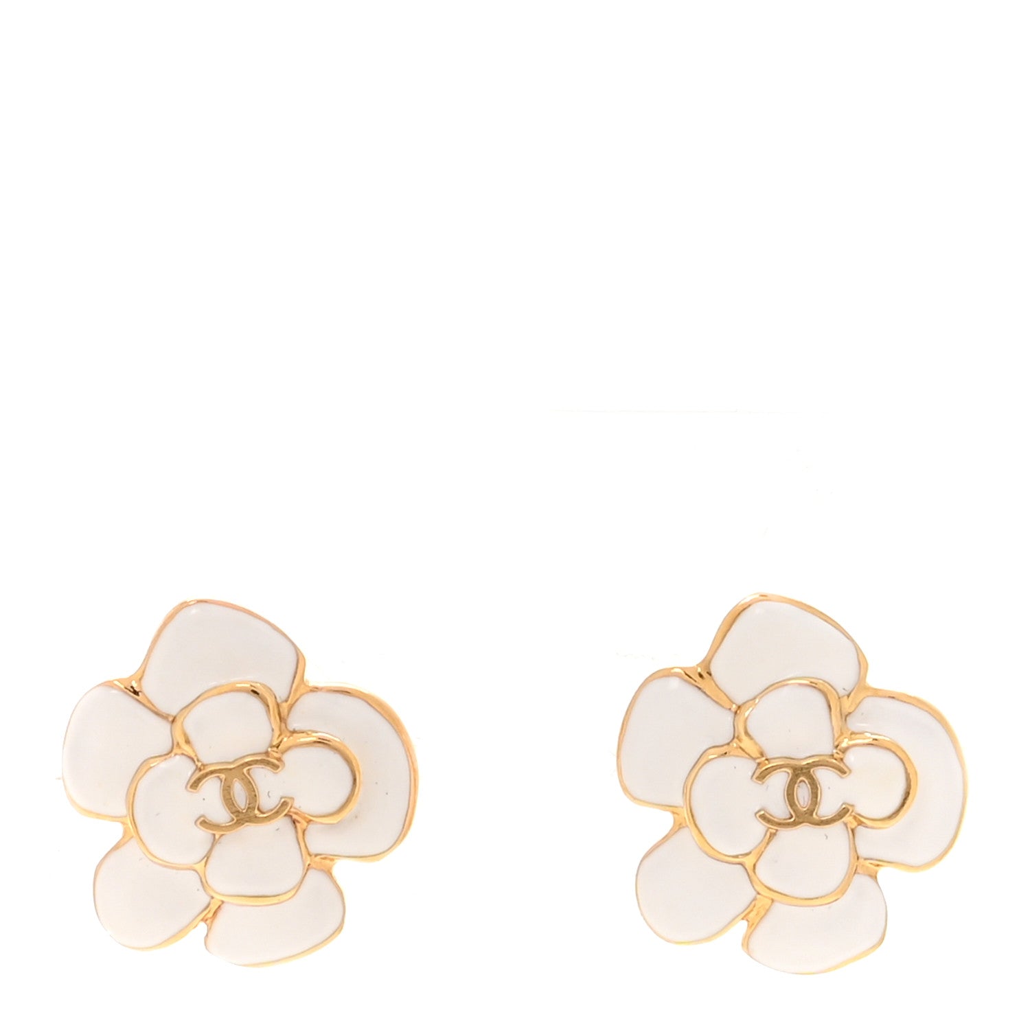 Chanel Metal Resin CC Camellia Stud Earrings Gold White 1 of 4