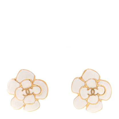 Chanel Metal Resin CC Camellia Stud Earrings Gold White 1 of 4