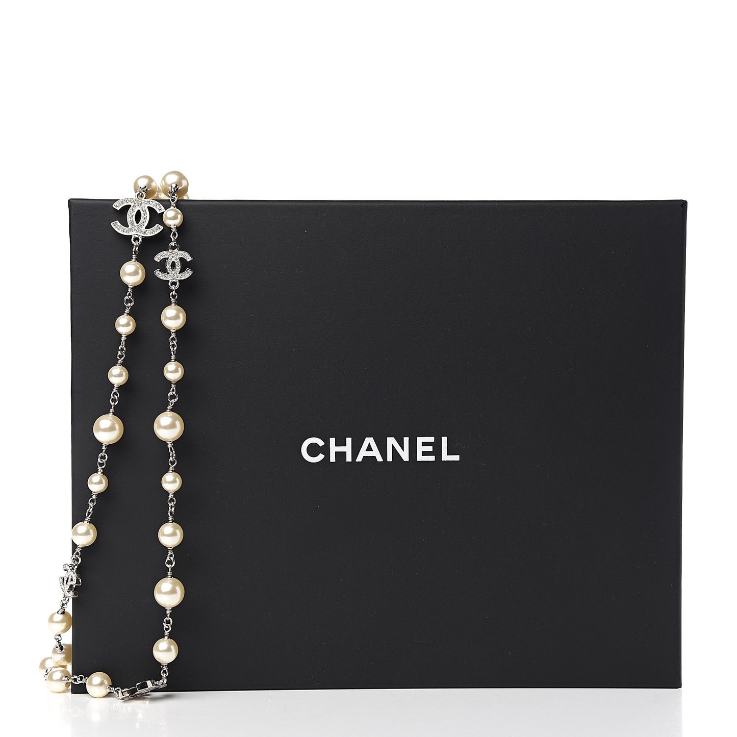 Crystal Pearl CC Long Necklace Silver