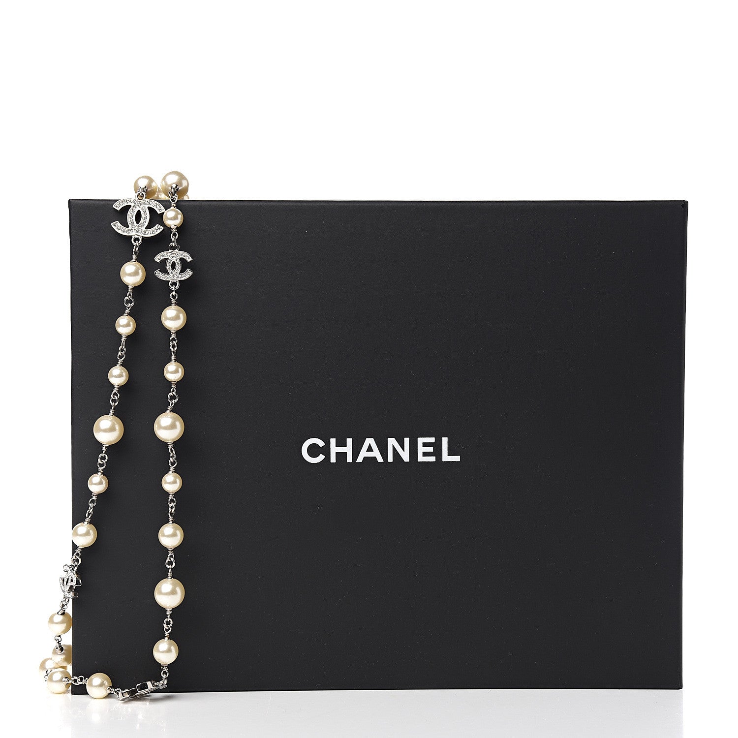 Chanel Crystal Pearl CC Long Necklace Silver 4 of 4