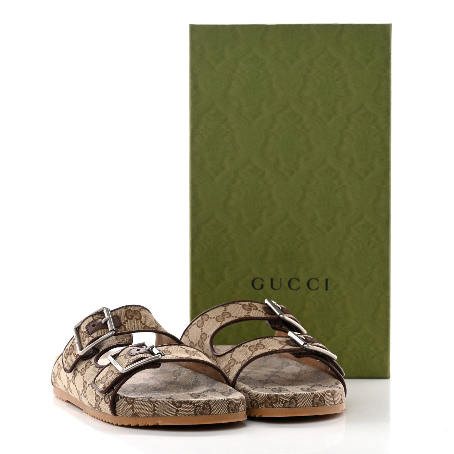 GG Monogram Lavaredo Eco Fabric Mens Slide Sandals With Straps 8 Beige Ebony Light Brown