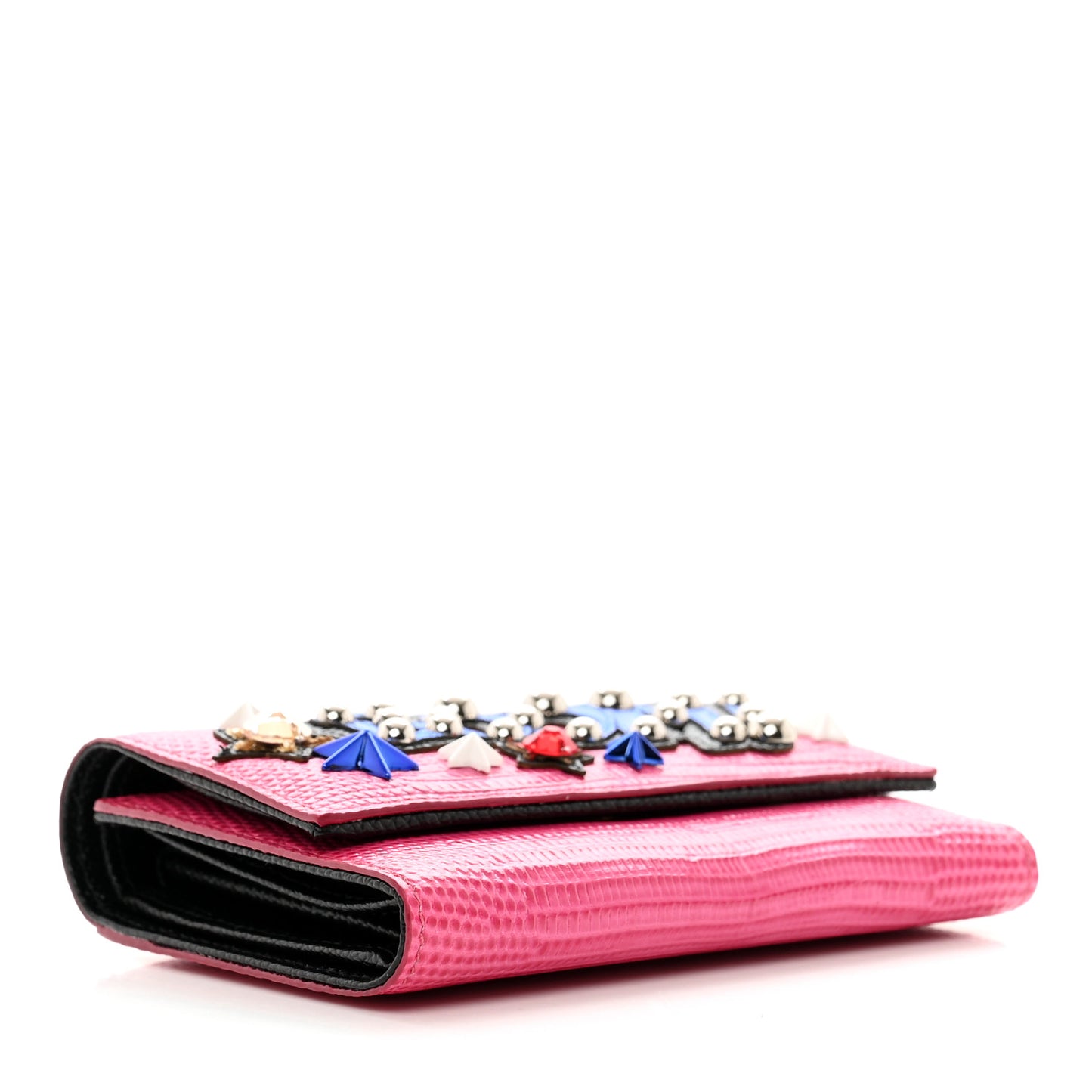 Iguana Calfskin Embossed Dauphine Boom Embellished Wallet Pink Multicolor