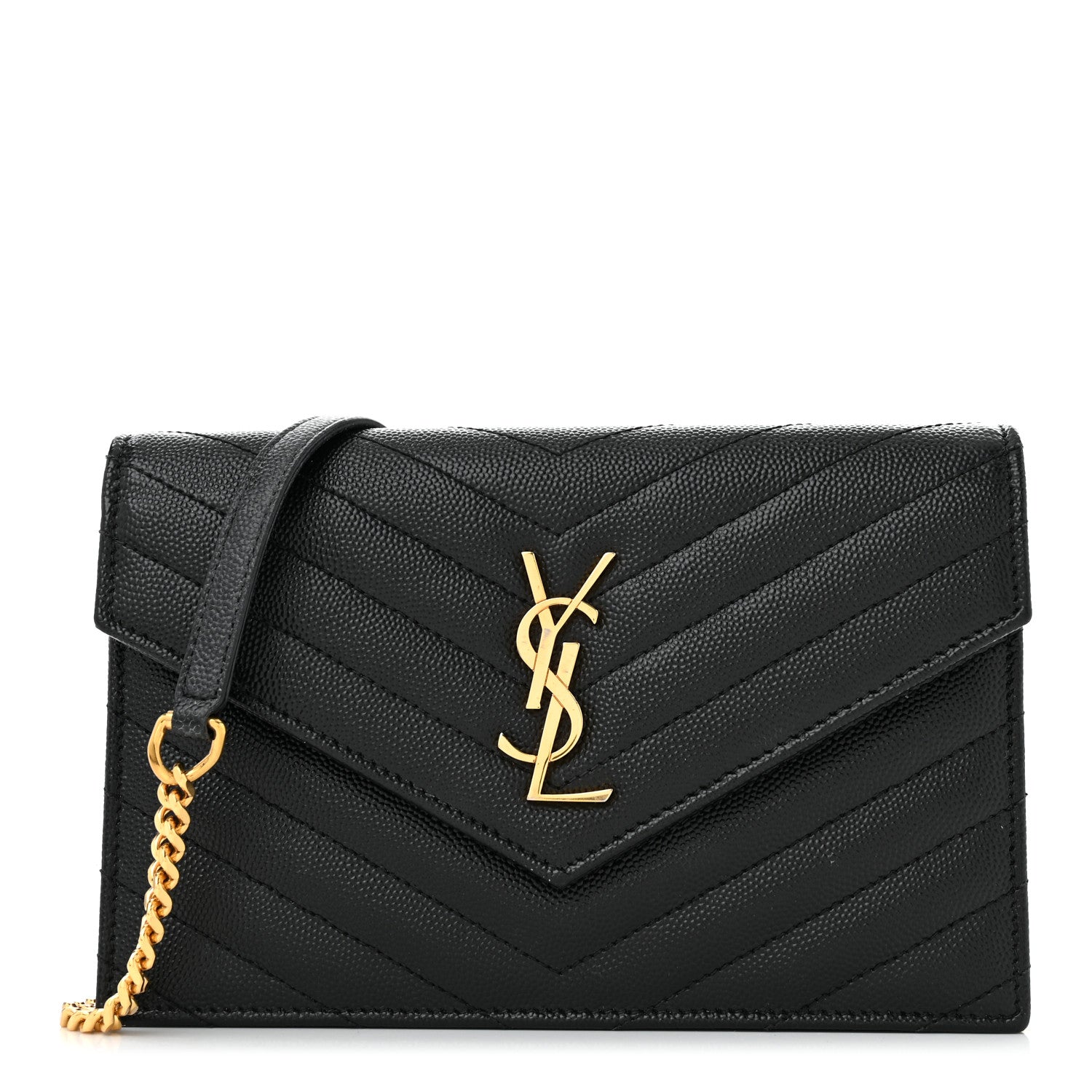 Saint Laurent Grain De Poudre Matelasse Chevron Monogram Envelope Chain Wallet Black 1 of 11