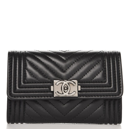 Chanel Lambskin Chevron Quilted Boy Card Holder Wallet Black 1 of 8