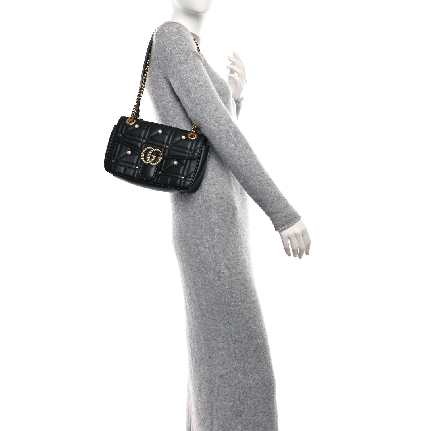 Gucci Calfskin Matelasse Studded Small Pearly GG Marmont Shoulder Bag Black 2 of 9