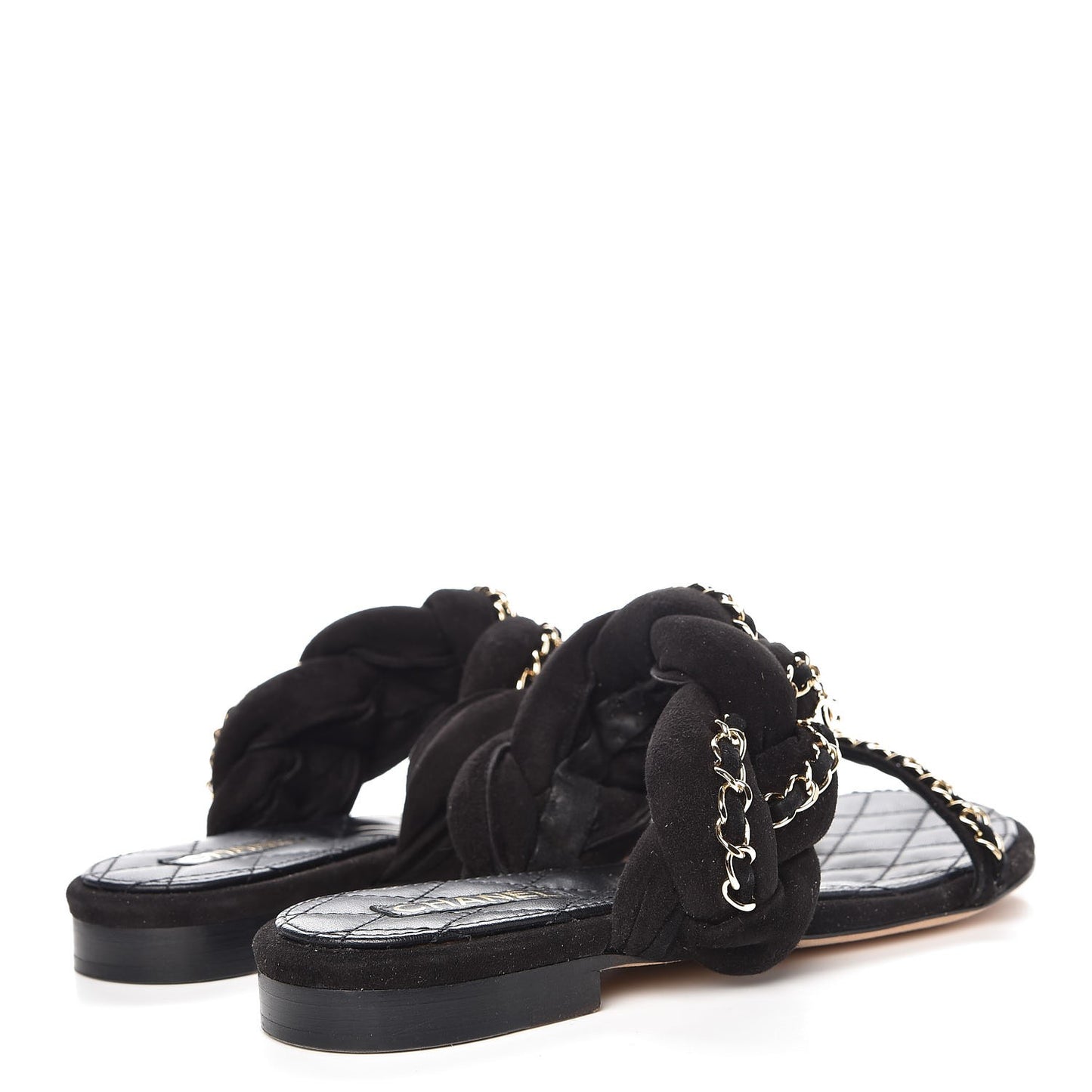 Kid Suede Braided Chain CC Slide Flat Sandals 35 Black