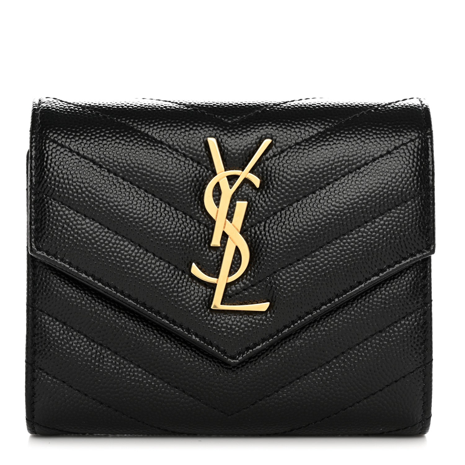 Saint Laurent Grain De Poudre Matelasse Chevron Monogram Compact Tri Fold Wallet Black 1 of 10