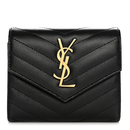 Saint Laurent Grain De Poudre Matelasse Chevron Monogram Compact Tri Fold Wallet Black 1 of 10