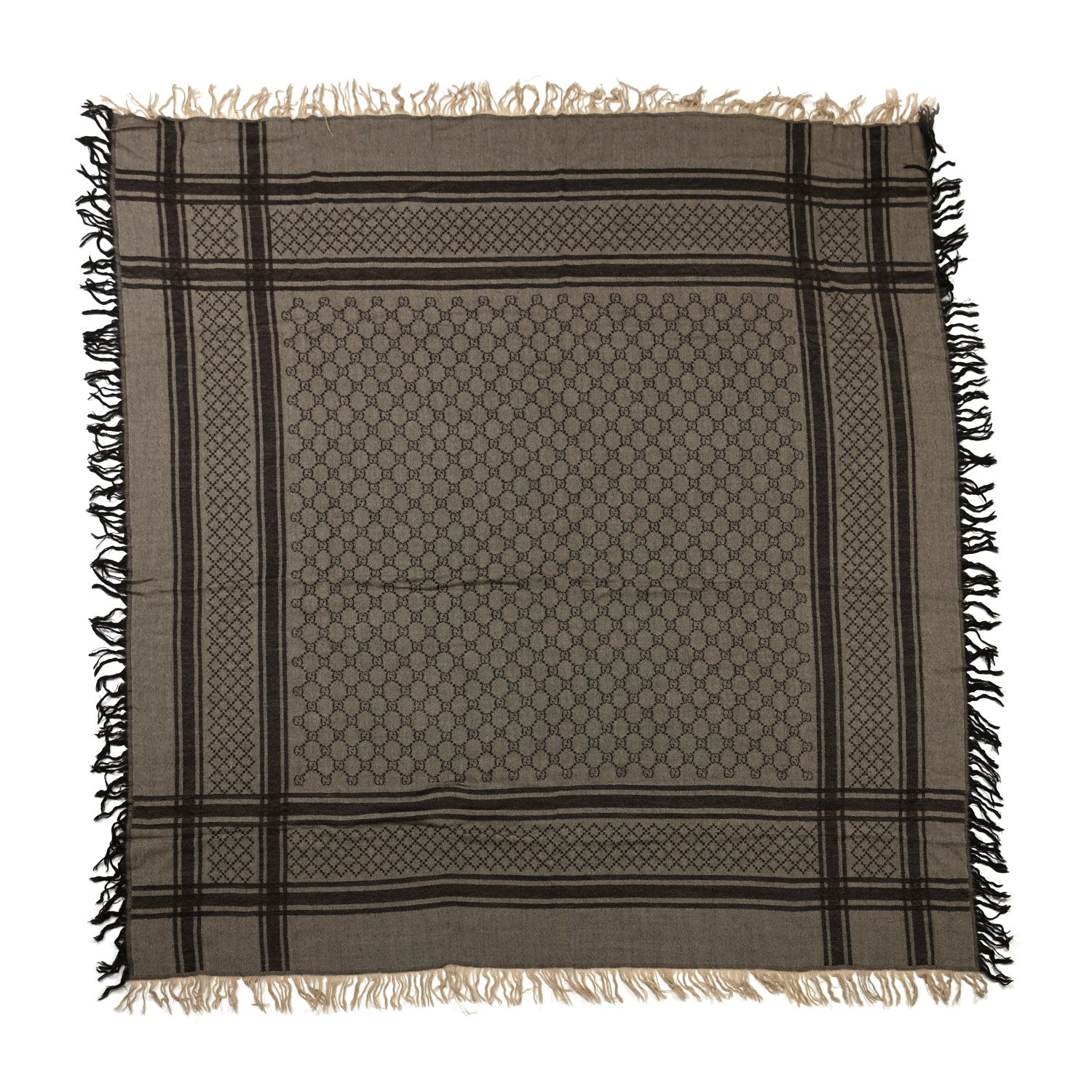 Gucci Wool Silk GG Monogram Diamante Plaid Surviee Shawl Beige Dark Brown 1 of 4
