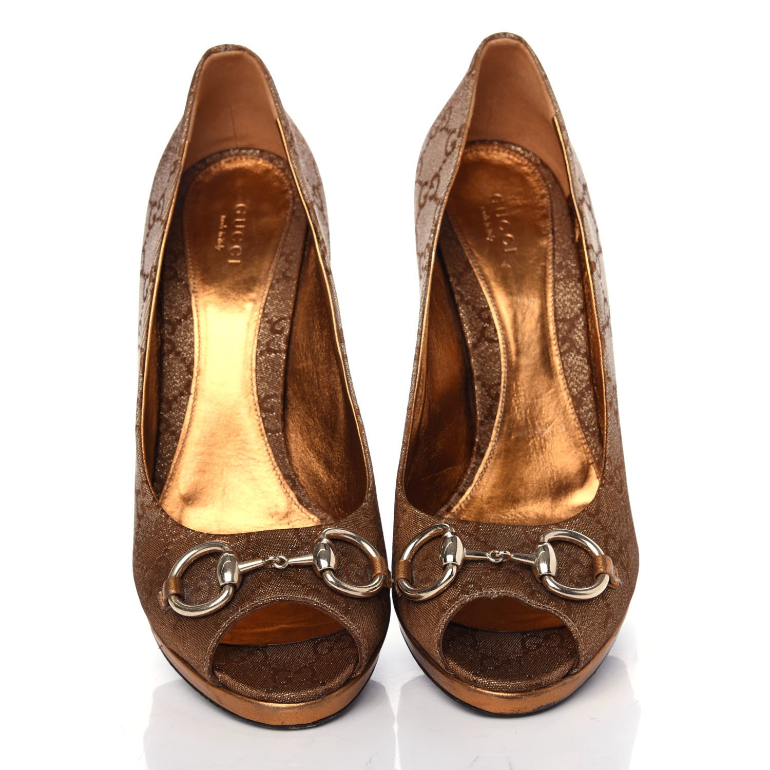 Gucci Metallic Monogram GG Horsebit Peep Toe Pumps 40 Brown 5 of 10