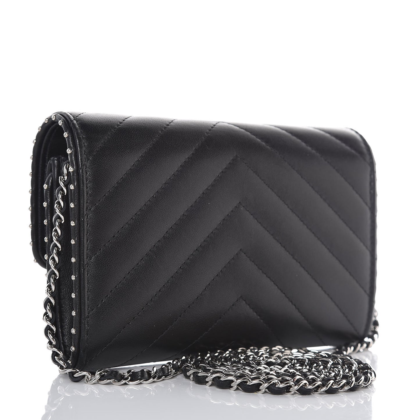 Lambskin Chevron Quilted Studded Clutch With Chain WOC Black