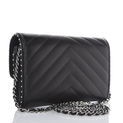 Chanel Lambskin Chevron Quilted Studded Clutch With Chain WOC Black 3 of 11