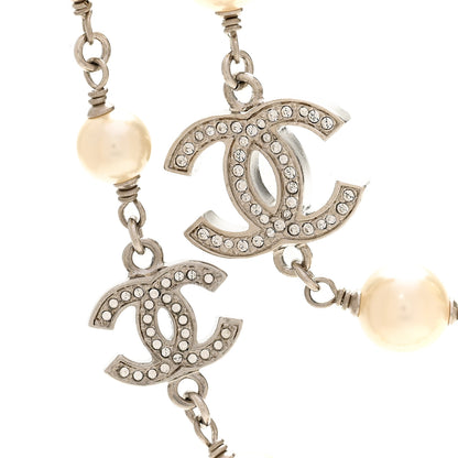Chanel Graduated Pearl Crystal CC Long Necklace Silver 4 of 6