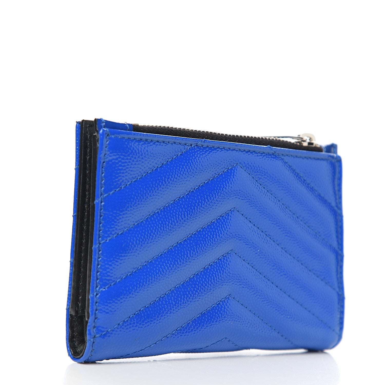 Saint Laurent Patent Grain De Poudre Matelasse Chevron Monogram Zipped Two-Part Wallet Royal Blue 2 of 6