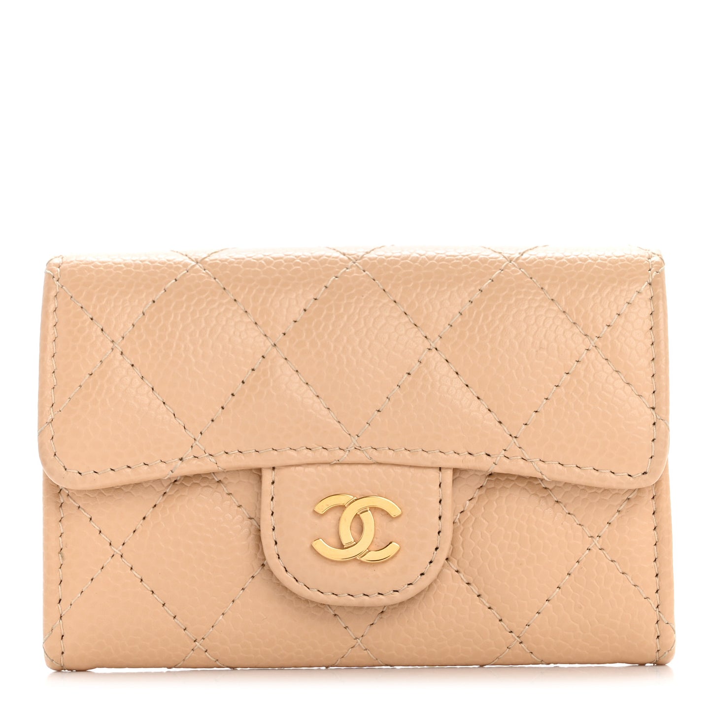 Caviar Quilted Flap Card Holder Wallet Beige