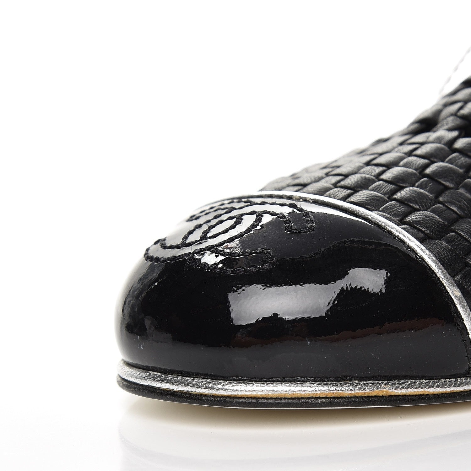 Chanel Braided Lambskin Patent Cap Toe CC Slingback Sandals 36.5 Black 10 of 11