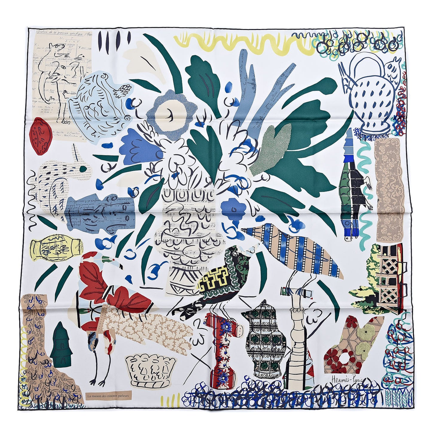 Silk La Maizeon Des Oiseaux Parleurs Scarf 90 White Blue Jean Vert